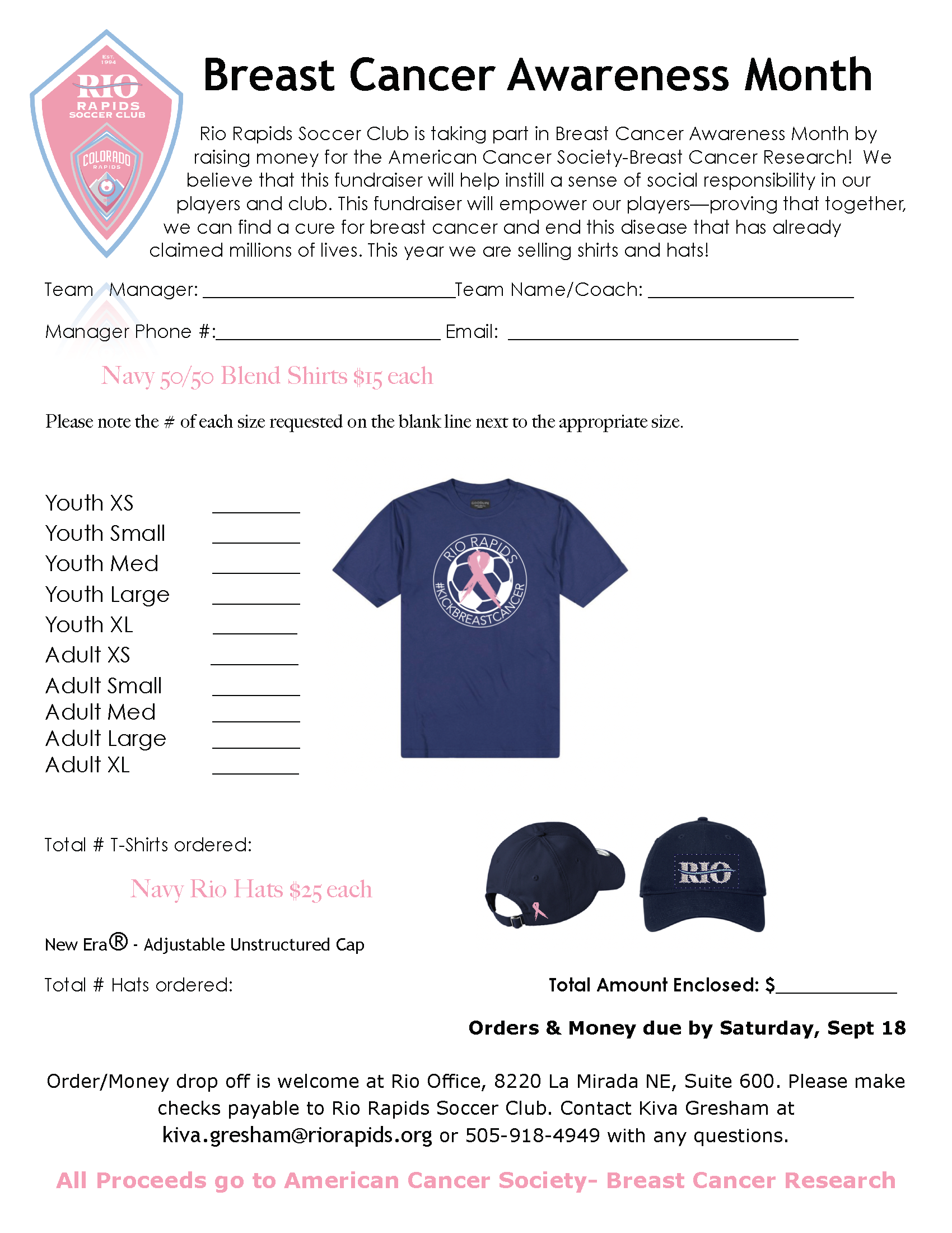 Rio Rapids Breast Cancer Awareness Fundraiser Order Form 2021